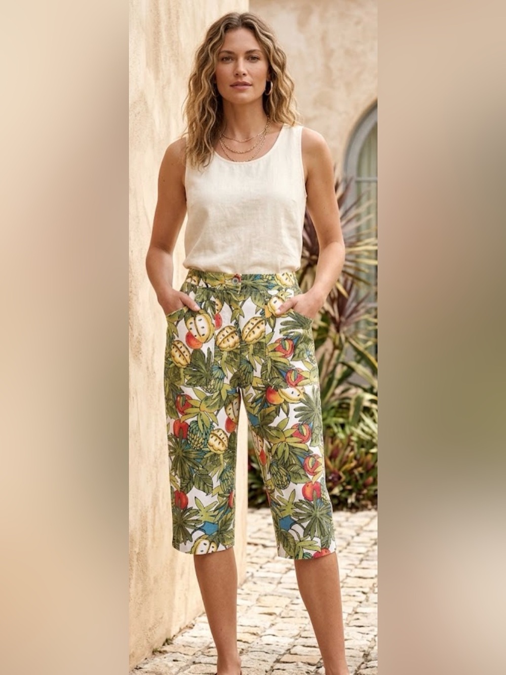 VTG 90s Chicos Tropical Fruit Print Capris High Waisted Cotton Canvas Y2K